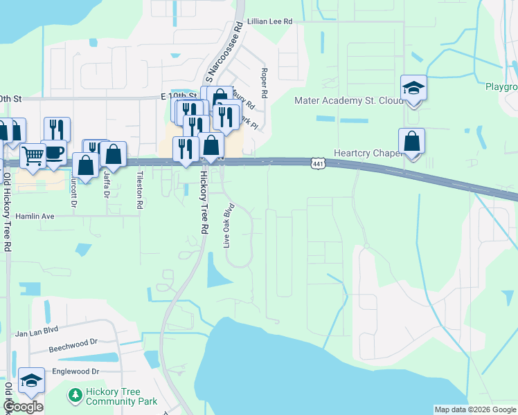map of restaurants, bars, coffee shops, grocery stores, and more near 2023 Live Oak Boulevard in Saint Cloud