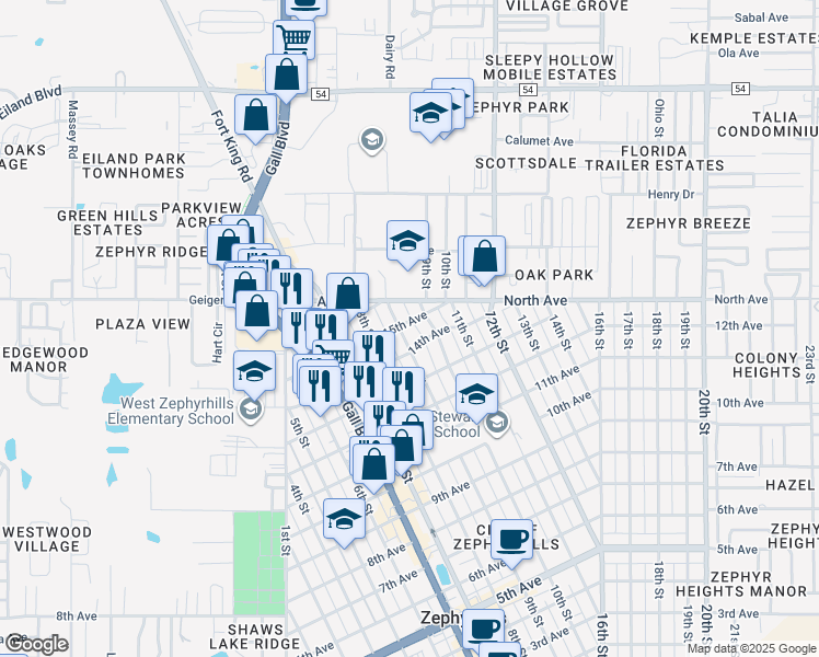 map of restaurants, bars, coffee shops, grocery stores, and more near 5912 9th Street in Zephyrhills
