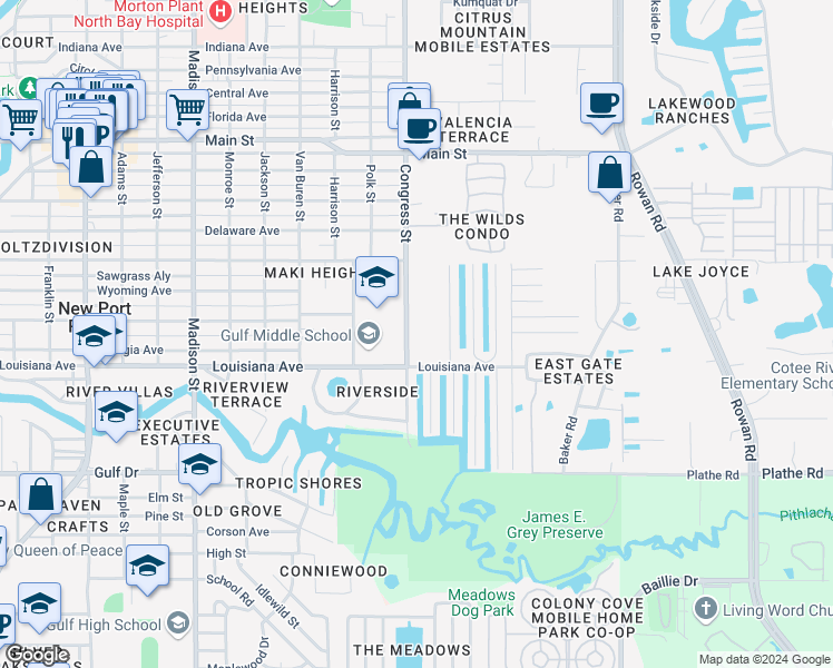 map of restaurants, bars, coffee shops, grocery stores, and more near 5808 Congress Street in New Port Richey