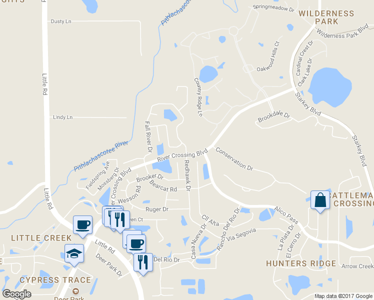 map of restaurants, bars, coffee shops, grocery stores, and more near 5810 Redhawk Drive in New Port Richey
