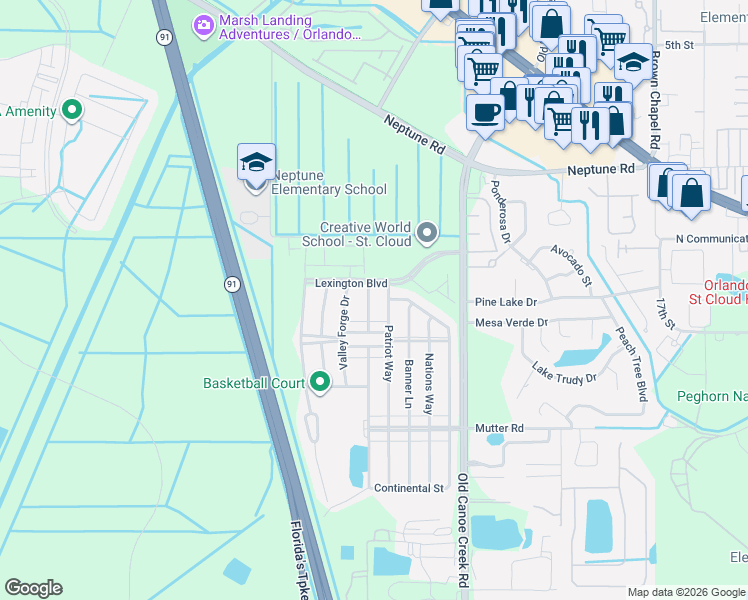 map of restaurants, bars, coffee shops, grocery stores, and more near 1841 Patriot Way in St. Cloud