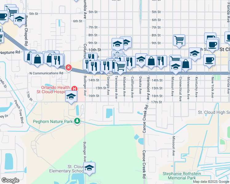 map of restaurants, bars, coffee shops, grocery stores, and more near 1512 Tennessee Avenue in St. Cloud