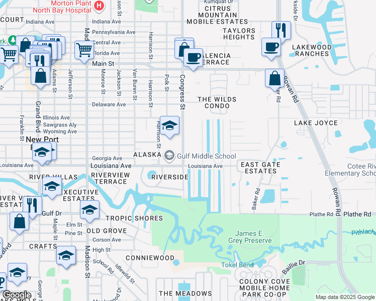 map of restaurants, bars, coffee shops, grocery stores, and more near 5816 Congress Street in New Port Richey