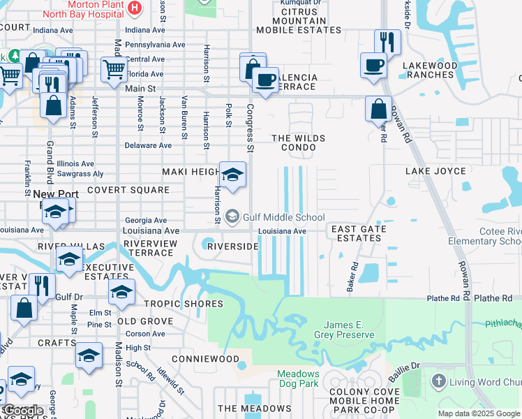 map of restaurants, bars, coffee shops, grocery stores, and more near 5816 Congress Street in New Port Richey