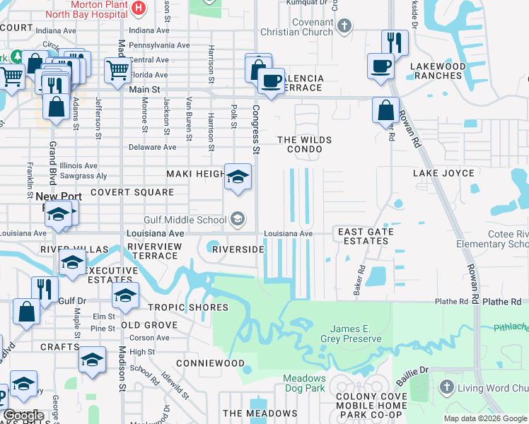 map of restaurants, bars, coffee shops, grocery stores, and more near 5808 Congress Street in New Port Richey