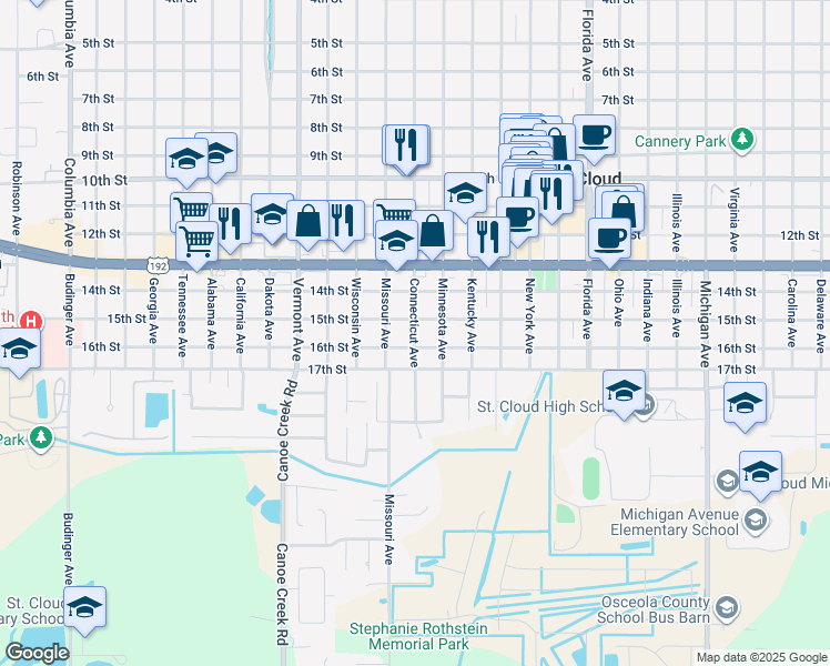 map of restaurants, bars, coffee shops, grocery stores, and more near 1511 Connecticut Avenue in Saint Cloud