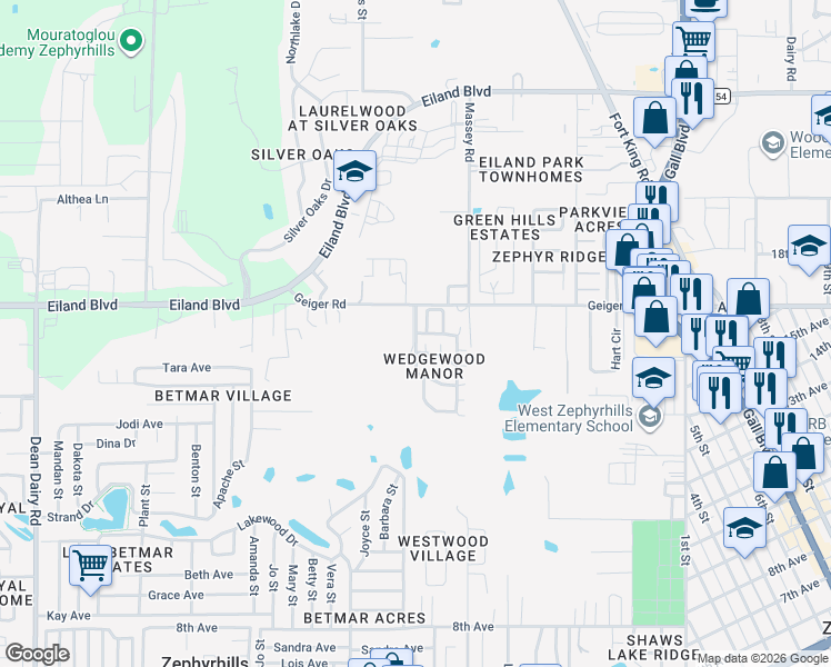 map of restaurants, bars, coffee shops, grocery stores, and more near Wedgewood Boulevard in Zephyrhills