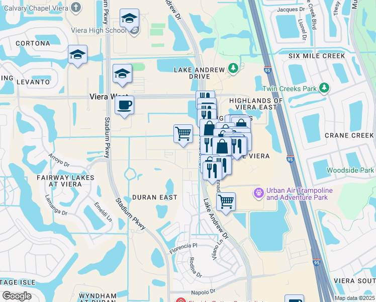 map of restaurants, bars, coffee shops, grocery stores, and more near 2434 Metfield Drive in Melbourne