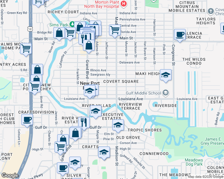 map of restaurants, bars, coffee shops, grocery stores, and more near 5938 Tennessee Avenue in New Port Richey
