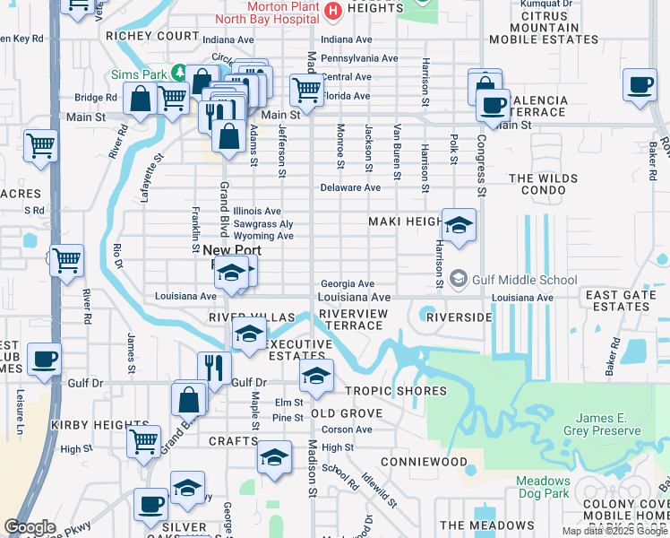 map of restaurants, bars, coffee shops, grocery stores, and more near 5821 Monroe Street in New Port Richey