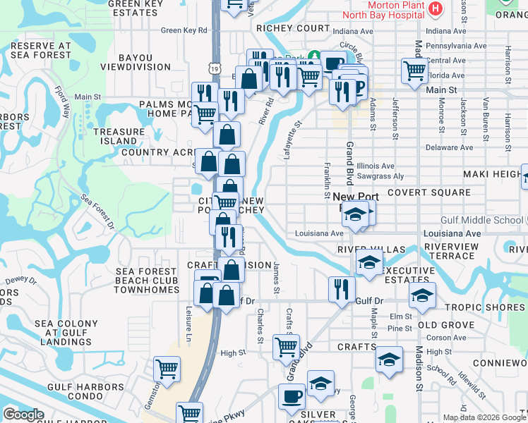 map of restaurants, bars, coffee shops, grocery stores, and more near 5827 Rio Drive in Port Richey