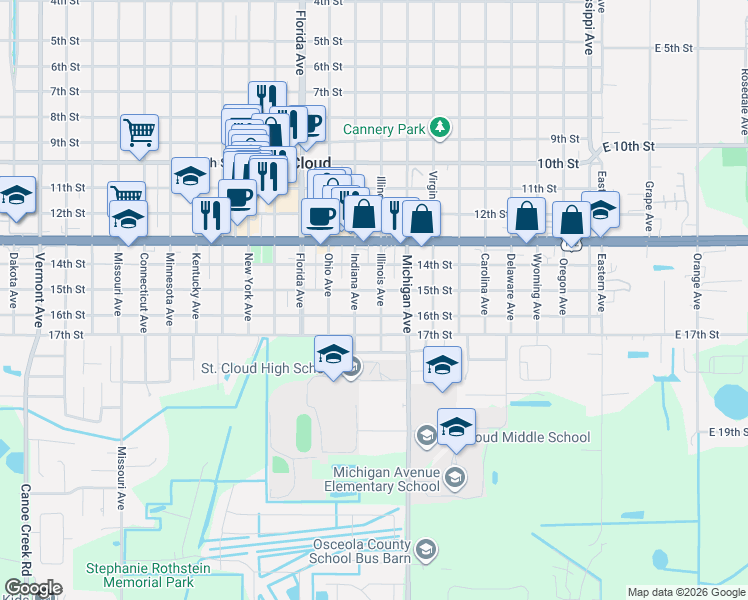 map of restaurants, bars, coffee shops, grocery stores, and more near 1513 Illinois Avenue in St. Cloud
