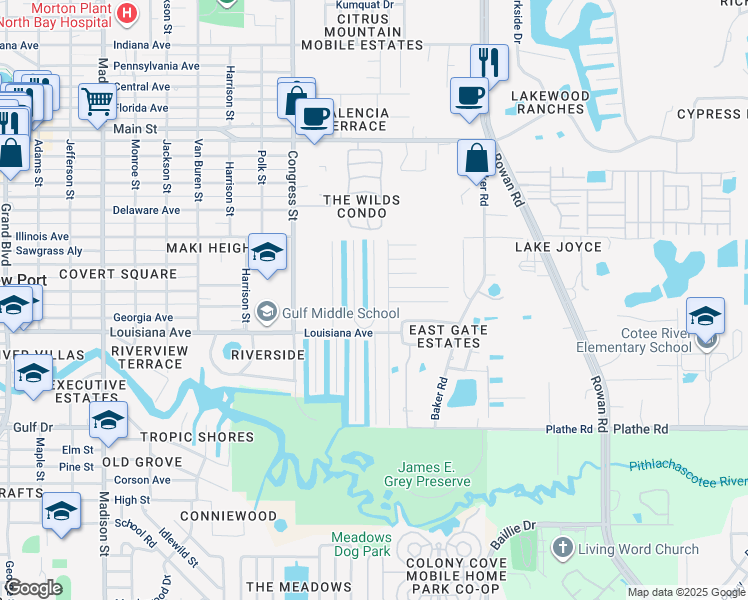map of restaurants, bars, coffee shops, grocery stores, and more near 5807 Eastlake Drive in New Port Richey
