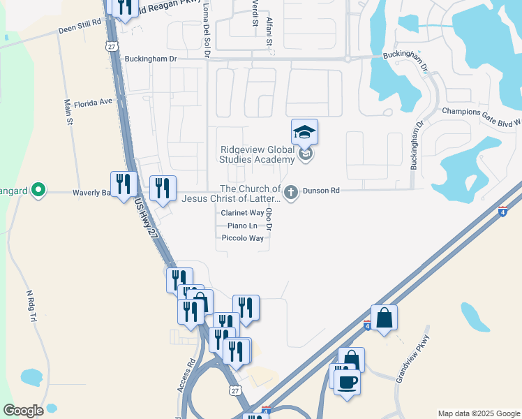 map of restaurants, bars, coffee shops, grocery stores, and more near 329 Clarinet Way in Davenport