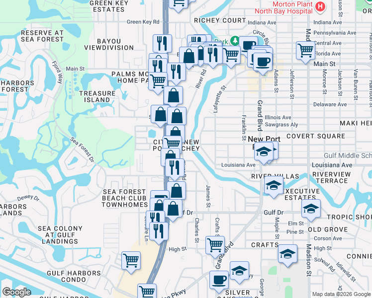 map of restaurants, bars, coffee shops, grocery stores, and more near 5808 U.S. 19 in Port Richey