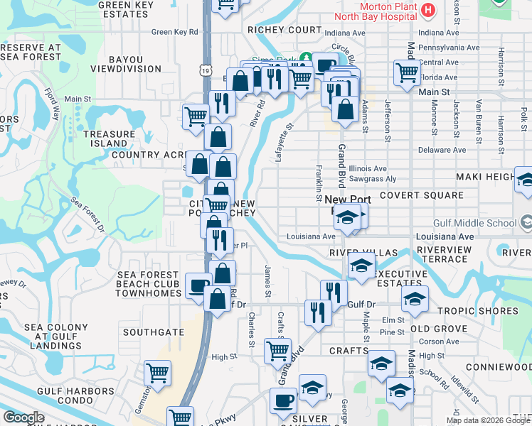 map of restaurants, bars, coffee shops, grocery stores, and more near 5511 Georgia Avenue in New Port Richey