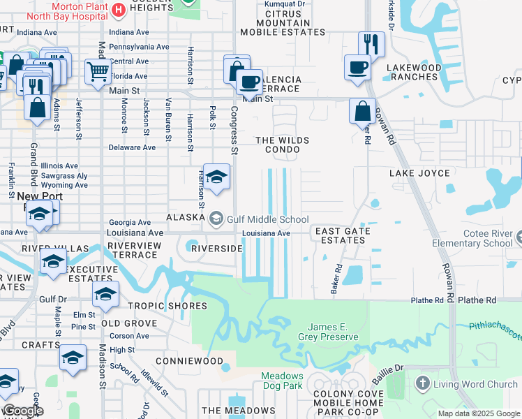 map of restaurants, bars, coffee shops, grocery stores, and more near 5823 Clubhouse Drive in New Port Richey