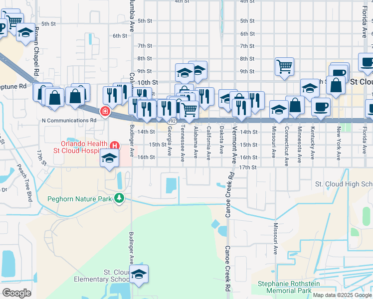 map of restaurants, bars, coffee shops, grocery stores, and more near 1512 Tennessee Avenue in St. Cloud