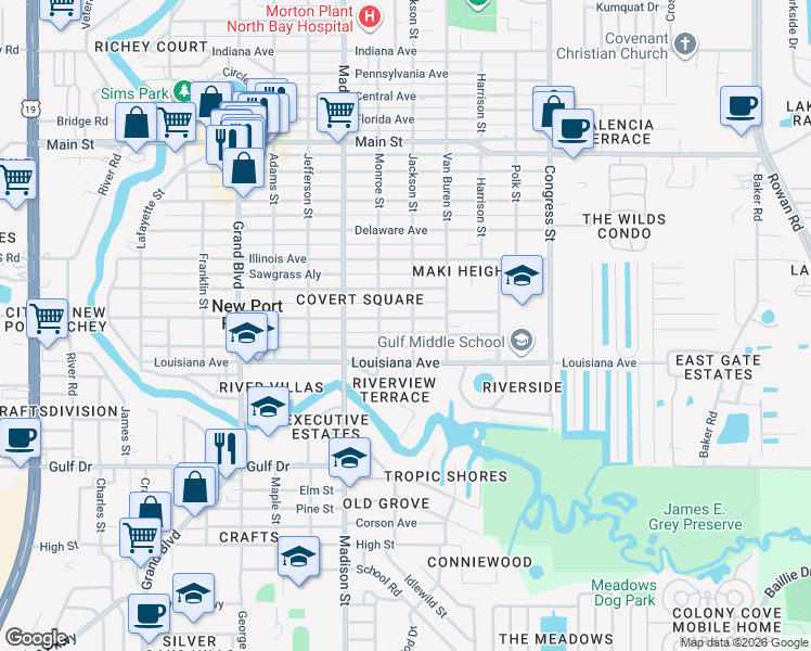 map of restaurants, bars, coffee shops, grocery stores, and more near 6131 Georgia Avenue in New Port Richey
