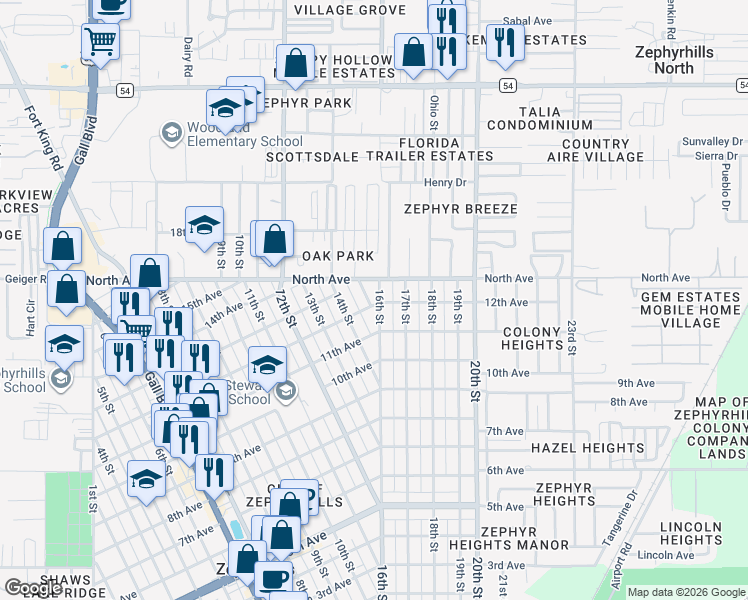 map of restaurants, bars, coffee shops, grocery stores, and more near 5926 15th Street in Zephyrhills