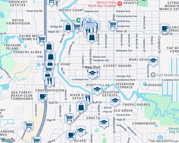 map of restaurants, bars, coffee shops, grocery stores, and more near 5821 Grand Boulevard in New Port Richey