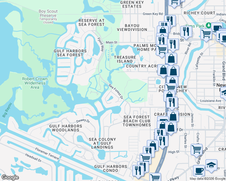 map of restaurants, bars, coffee shops, grocery stores, and more near 5809 Elisabethan Lane in New Port Richey