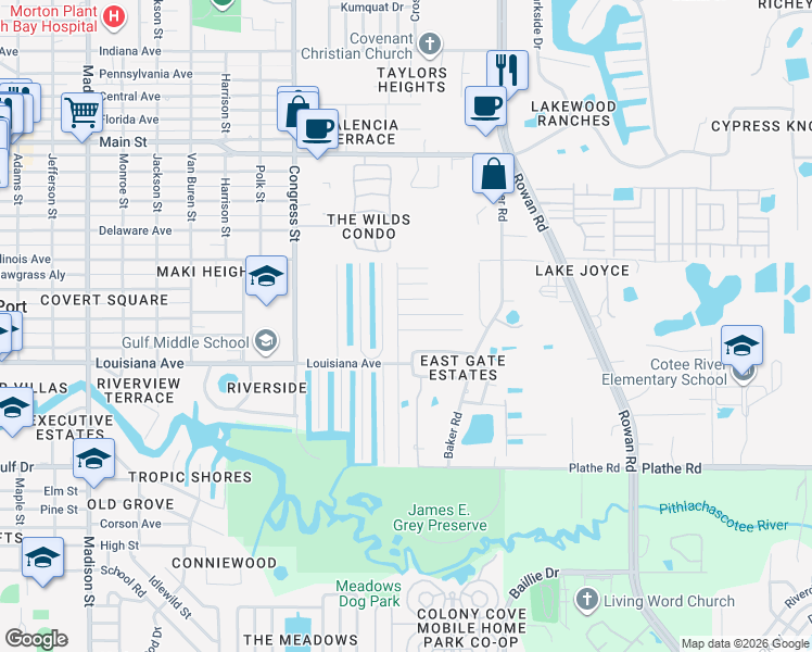 map of restaurants, bars, coffee shops, grocery stores, and more near 6737 Cranberry Drive in New Port Richey