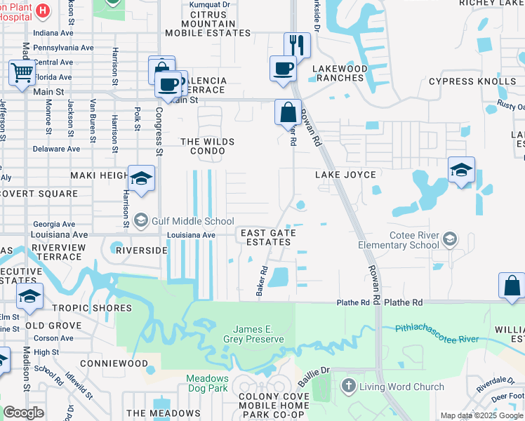map of restaurants, bars, coffee shops, grocery stores, and more near 6846 Cranberry Drive in New Port Richey