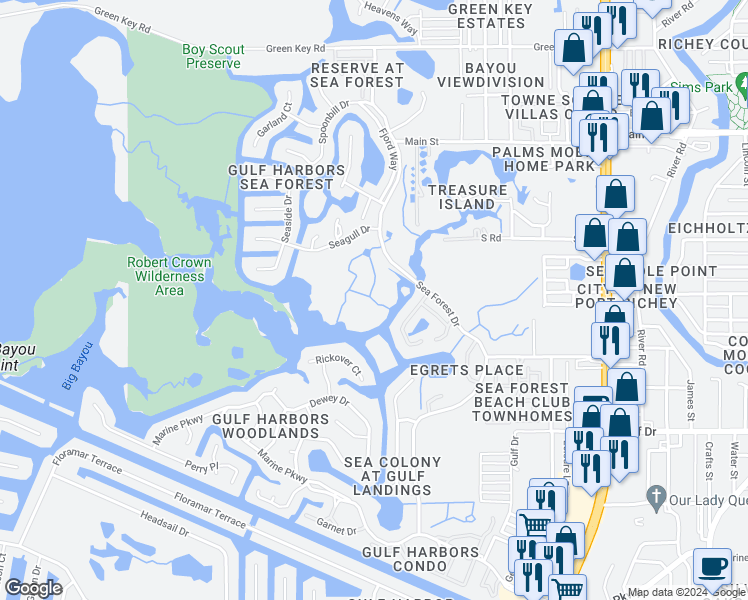 map of restaurants, bars, coffee shops, grocery stores, and more near 4520 Seagull Drive in New Port Richey