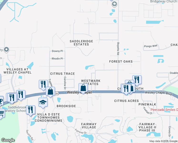 map of restaurants, bars, coffee shops, grocery stores, and more near 5937 Penny Royal Road in Wesley Chapel