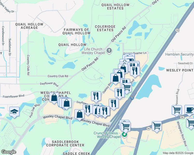map of restaurants, bars, coffee shops, grocery stores, and more near 5921 Oakley Boulevard in Wesley Chapel