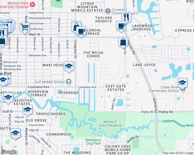 map of restaurants, bars, coffee shops, grocery stores, and more near 5807 Eastlake Drive in New Port Richey