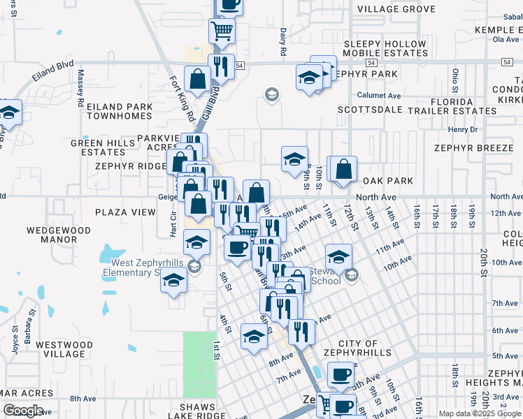 map of restaurants, bars, coffee shops, grocery stores, and more near 38145 15th Avenue in Zephyrhills