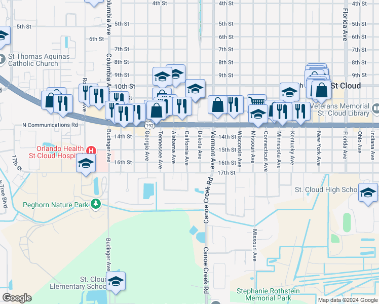 map of restaurants, bars, coffee shops, grocery stores, and more near 2223 15th Street in Saint Cloud