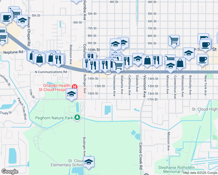 map of restaurants, bars, coffee shops, grocery stores, and more near 1512 Georgia Avenue in St. Cloud