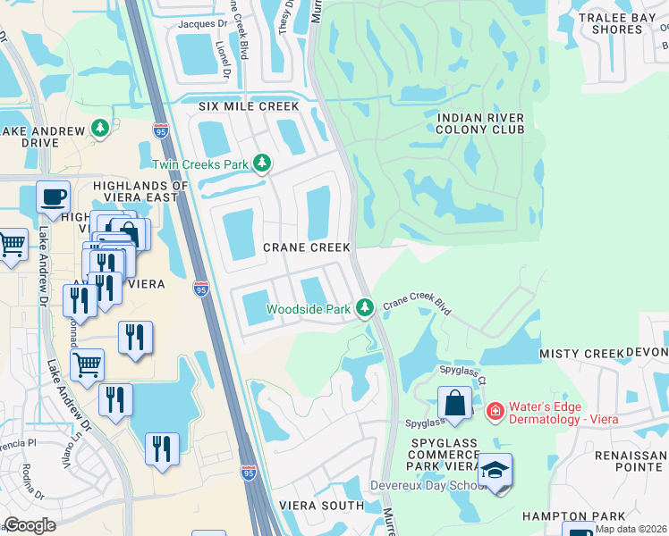 map of restaurants, bars, coffee shops, grocery stores, and more near 970 Deer Run Drive in Melbourne
