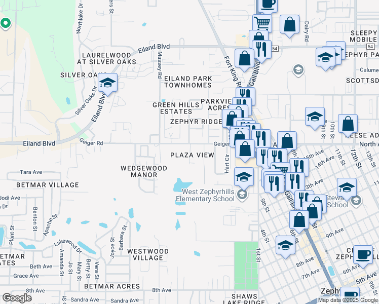 map of restaurants, bars, coffee shops, grocery stores, and more near 5907 Plaza View Drive in Zephyrhills