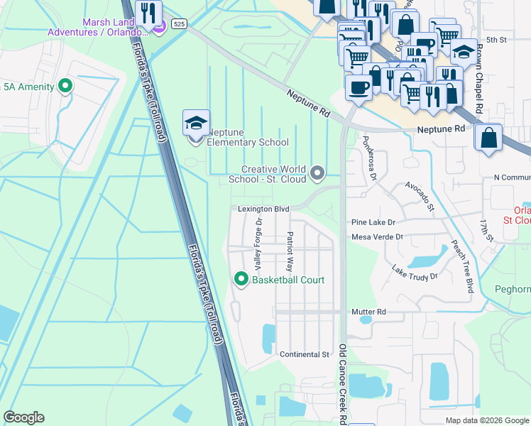 map of restaurants, bars, coffee shops, grocery stores, and more near 1801 Valley Forge Drive in Saint Cloud