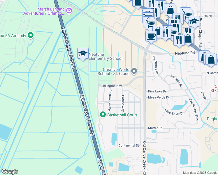 map of restaurants, bars, coffee shops, grocery stores, and more near 1800 Valley Forge Drive in Saint Cloud