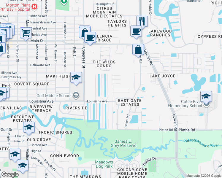 map of restaurants, bars, coffee shops, grocery stores, and more near 5807 Eastlake Drive in New Port Richey