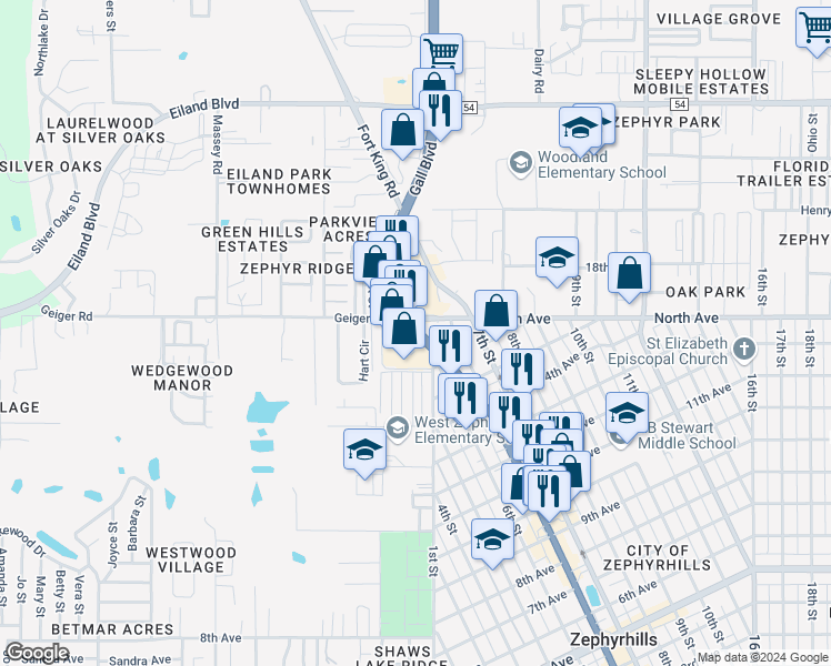 map of restaurants, bars, coffee shops, grocery stores, and more near 5941 Gall Boulevard in Zephyrhills