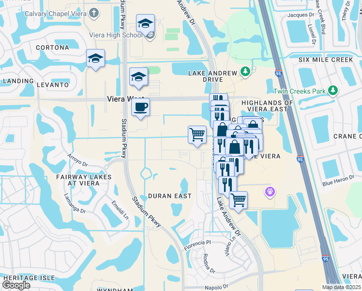 map of restaurants, bars, coffee shops, grocery stores, and more near 2485 Florencia Pl Playgr in Melbourne