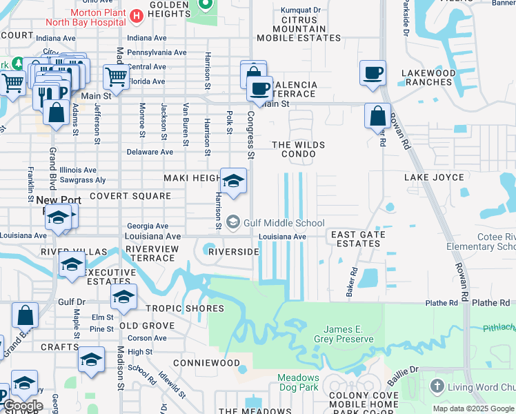 map of restaurants, bars, coffee shops, grocery stores, and more near 5808 Congress Street in New Port Richey