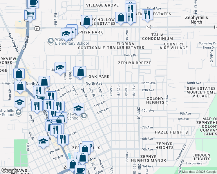 map of restaurants, bars, coffee shops, grocery stores, and more near 5926 15th Street in Zephyrhills