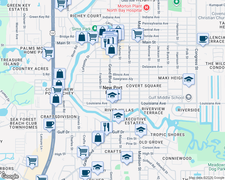 map of restaurants, bars, coffee shops, grocery stores, and more near in New Port Richey