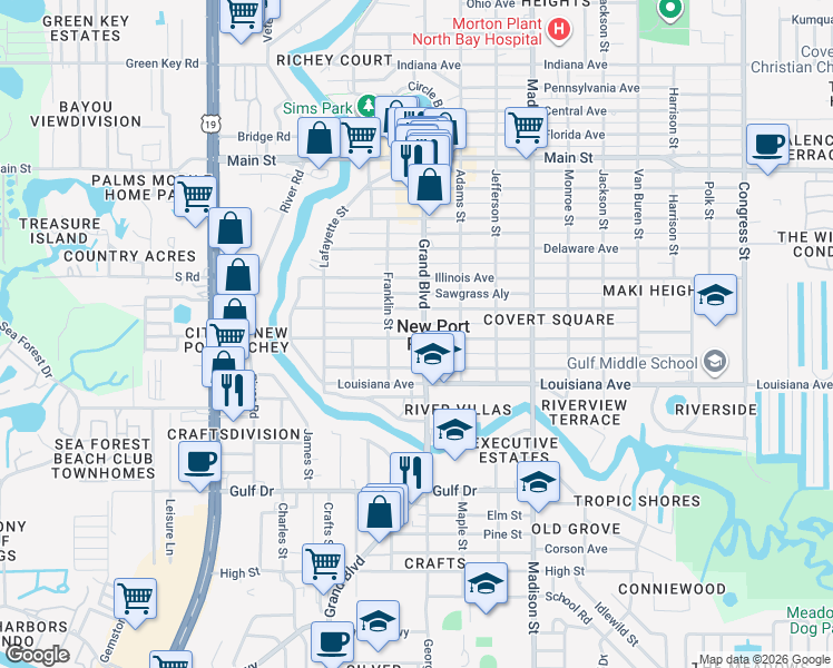 map of restaurants, bars, coffee shops, grocery stores, and more near 5839 Grand Boulevard in New Port Richey