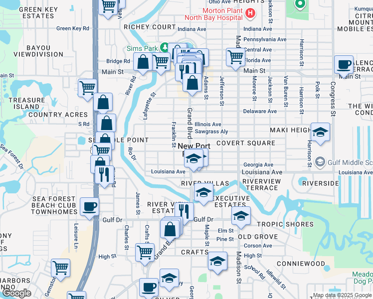 map of restaurants, bars, coffee shops, grocery stores, and more near 5653 Georgia Avenue in New Port Richey