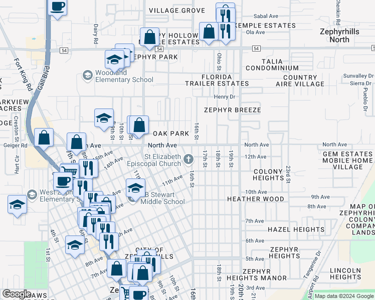 map of restaurants, bars, coffee shops, grocery stores, and more near 5932 15th Street in Zephyrhills