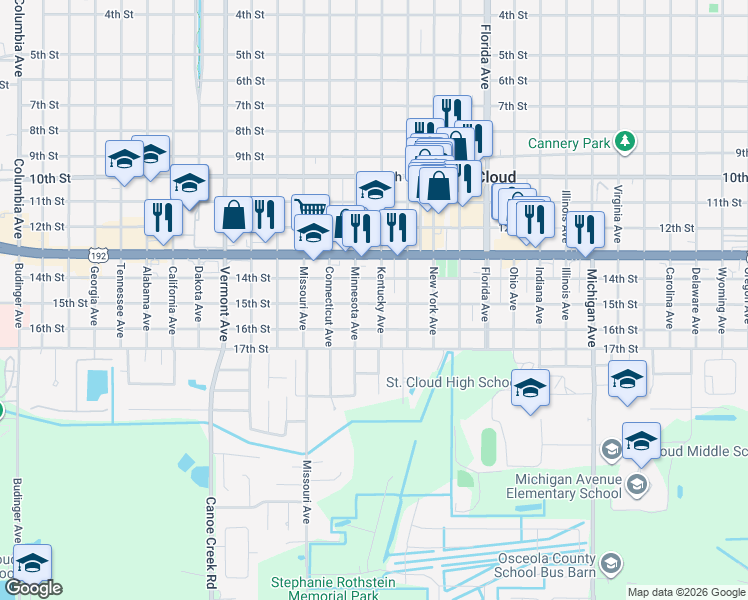 map of restaurants, bars, coffee shops, grocery stores, and more near 1521 Minnesota Avenue in St. Cloud