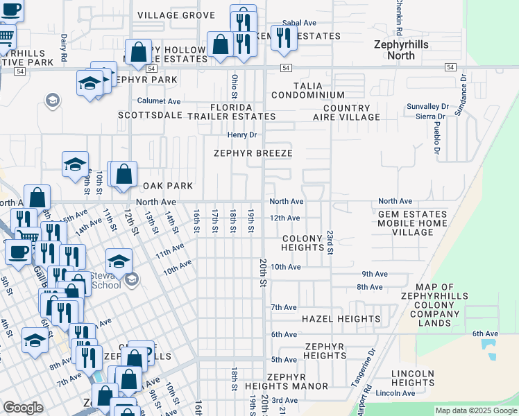 map of restaurants, bars, coffee shops, grocery stores, and more near 5937 20th Street in Zephyrhills